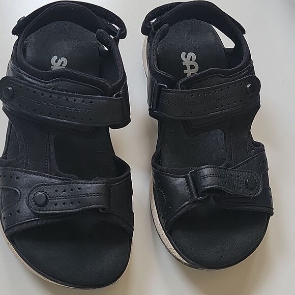 6 WIDE SAS BLACK VELCRO LEATHER ADJUSTABLE COMFORT ACTIVE SANDALS 6W LIKE NEW - Picture 3 of 11